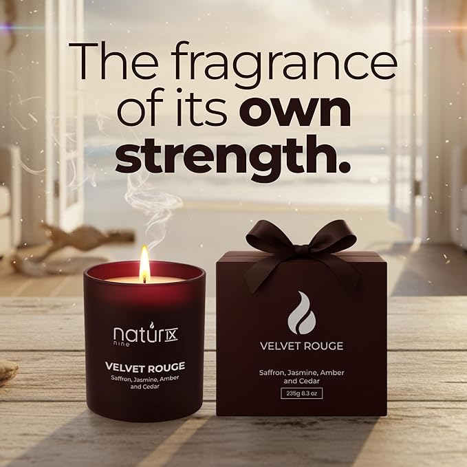 Natur IX Velvet Rouge Scented Candles for Home | Cedarwood, Saffron, Jasmine & Amber | Natural Non Toxic Soy Candles with Essential Oils | 50 H Long Burning
