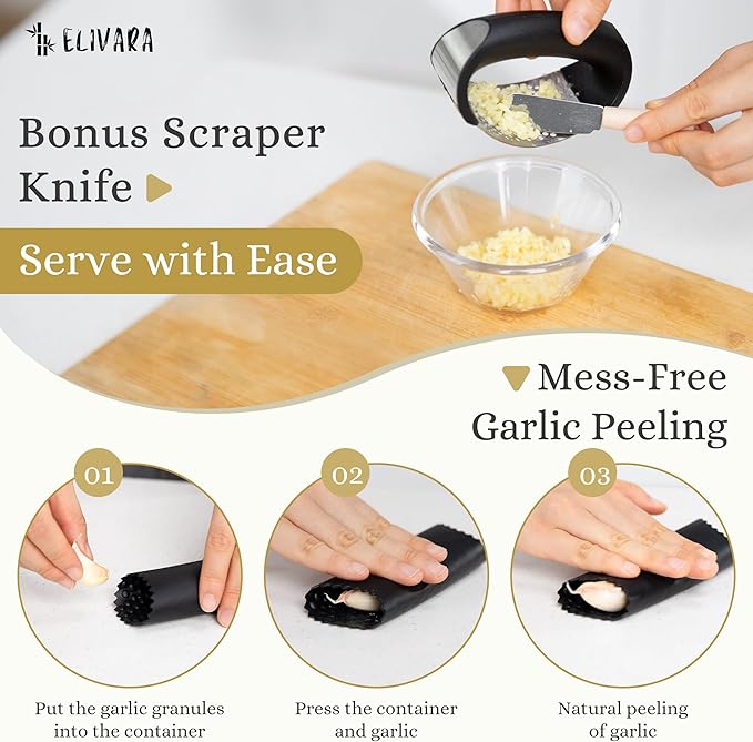 Stainless Steel Garlic Press Rocker Set (Black) - Includes Silicone Peeler and Cleaning Brush for Effortless Garlic Mincing