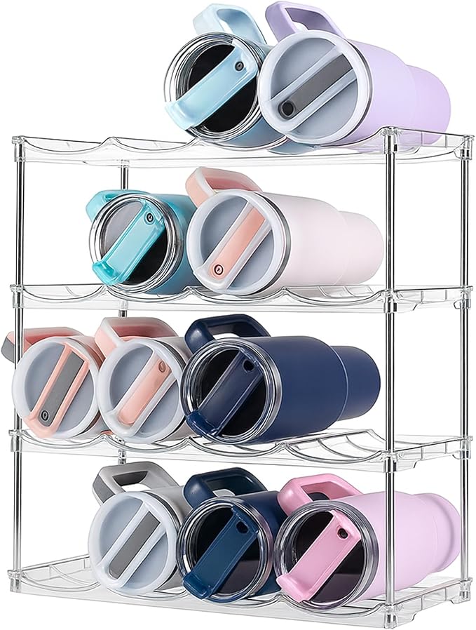 Water Bottle Organizer Stackable 4 Tier Rack for 32oz - 40oz Water Bottle Storage, Travel Mugs & Wine Clear Bottle Organizer, BPA Free Plastic and Water Bottle Holder for Cabinet, Fridge & countertop