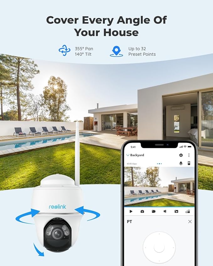 REOLINK Security Camera Wireless Outdoor, Pan Tilt Solar Powered, 5MP 2K+ Color Night Vision, 2.4/5GHz WiFi, Cameras for Home Security, Works with Home Hub, Argus PT + Solar Panel