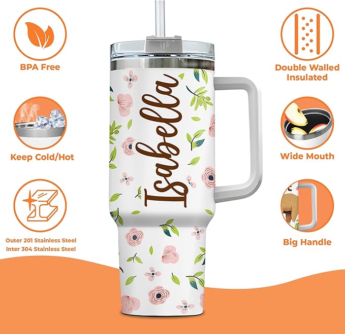 Personalized Sloth 40oz Tumbler with Handle and Straw Gifts for Animal Lovers, Sloth Stuff Gifts for Women Girls Daughters, Birthday Christmas Gift, Custom Name Stainless Steel Travel Cup
