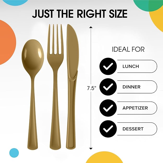 Party Solids Gold Plastic Silverware Heavy Duty 150 Pieces Gold Disposable Silverware Heavy Duty, Utensil Sets, 50 Of Each Forks, Knives & Spoons Disposable Cutlery Set For Party Supplies