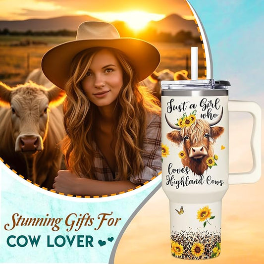 Highland Cow Gifts - Cow Gifts for Woman for Cowgirls - Birthday Gifts for Female Farmers for Cowgirl - Farming Gifts - Cowgirl 40Oz Tumbler with Handle & Straw