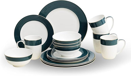 16-Piece Fine Bone China Dinnerware Set, Dinner Plates,Bowls and Mugs Set, Dishware Set for 4, With Selected Christmas Premium Red and Green pattern, White Embossed Spot Ornament and Gold Rim