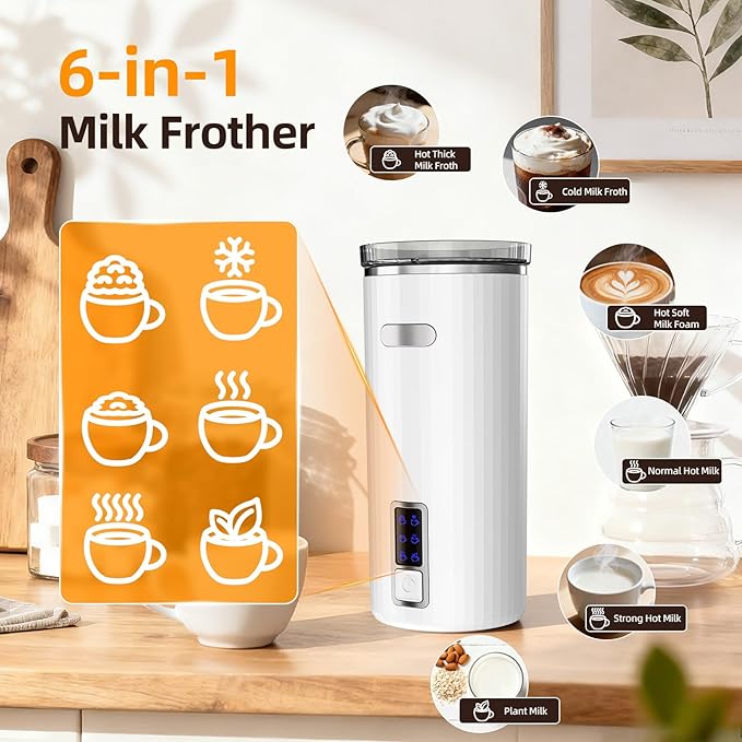 Milk Frother, 6-in-1 Electric Milk Steamer, 8.5oz/250ml Automatic Warm and Cold Foam Maker and Milk Warmer for Latte, Cappuccinos, Macchiato, From the Makers of Instant 400W, White