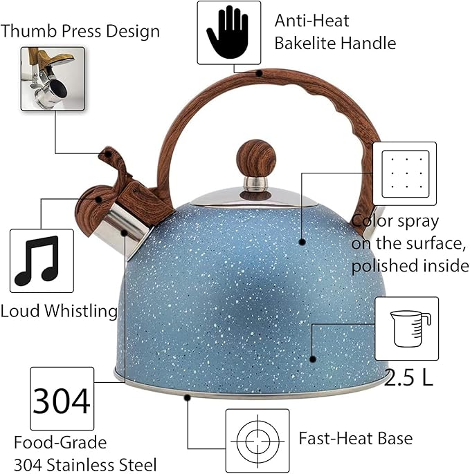 Vilihkc Whistling Stainless Steel Tea Kettle with Wood Grain Anti Heat Handle,2.6 Quart/2.5 Liter Stainless Steel Tea Kettles,Loud Whistling for Tea,Coffee,Gas Electric Applicable
