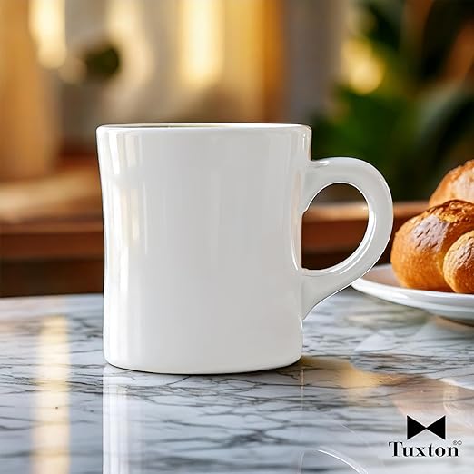 Tuxton China BEM-090B Diner Mug, 9 oz., 3-3/8" Diameter x 3-3/4"H, Microwave and Dishwasher Safe, Oven Proof, Fully Vitrified, Ceramic, DuraTux, American White/Eggshell, Pack of 24
