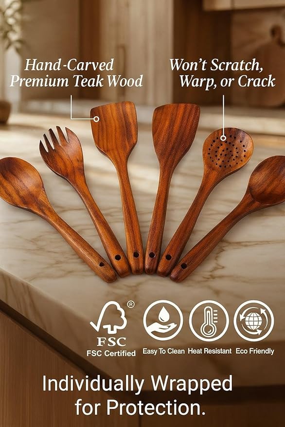 6-Piece Teak Wooden Cooking Utensil Set – Spoons & Spatulas for Nonstick Cookware, Eco-Friendly Kitchen Tools, Gift-Ready & Durable