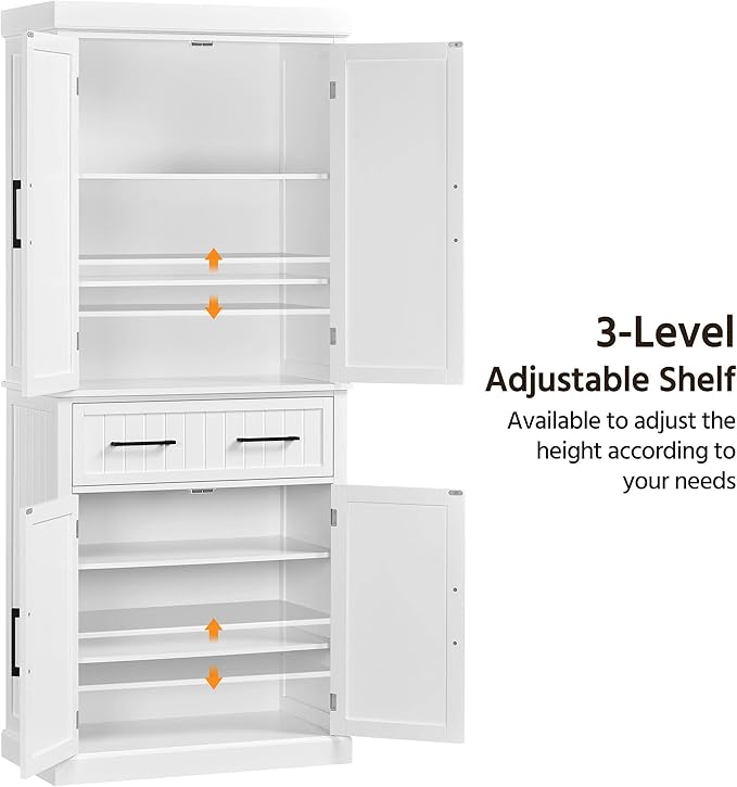 Yaheetech 72.5" Kitchen Pantry Storage Cabinet with Drawer, Freestanding Pantry Cupboard with Doors and 2 Adjustable Shelves, Modern Utility Pantry Cabinet for Dinning Room, Living Room, White