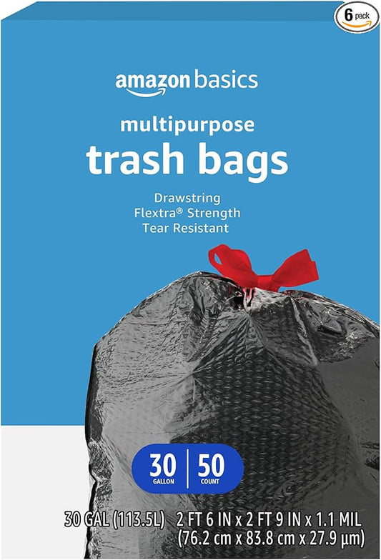 Amazon Basics Flextra Multipurpose Drawstring Trash Bags, 30 Gallon, 50 Count (Pack of 6)