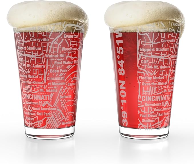 Greenline Goods – Cincinnati, OH Map Pint Beer Glasses (Set of 2), 16 oz – Etched Wrap Design