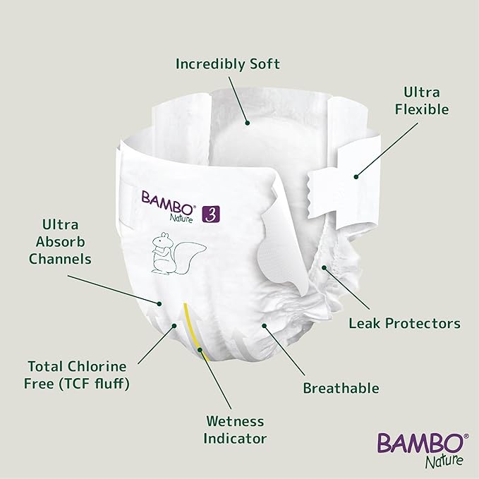 Bambo Nature Hypoallergenic Baby Diapers, Eco-Labeled Diapers, Enhanced Leakage Protection, Totally Chlorine-Free, Skin Friendly, and Super Absorbent - Size 3 (156 Count)