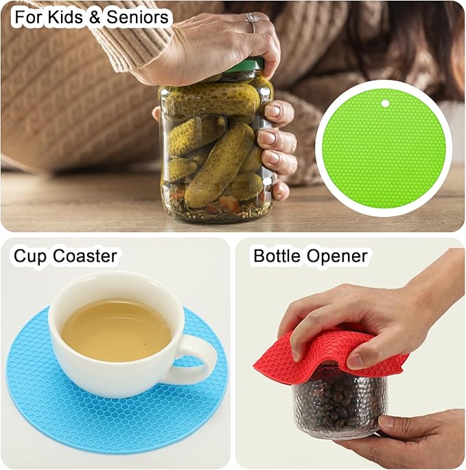 uxcell 4pcs Silicone Jar Opener Pads, 17.5cm/7" Texture Can Opener Multipurpose Round Bottle Lid Opener Non-Slip Coasters for Weak Hands Seniors Children, Green