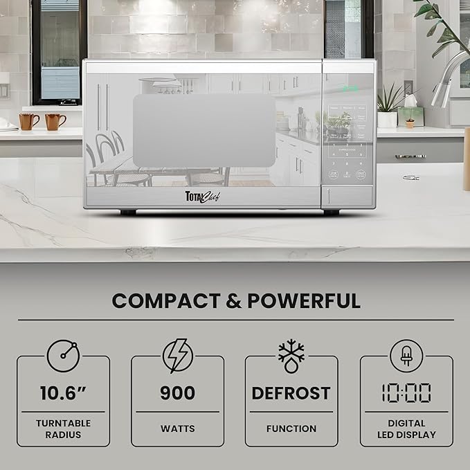 Total Chef 0.9 Cu Ft Microwave Oven – Compact Countertop Kitchen Appliance, Small Stainless Steel Microwave with Digital Touch, Pre-Set Functions, 10.6” Turntable, 900 Watt