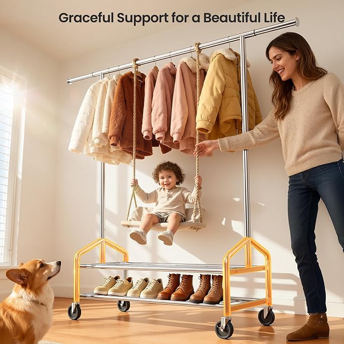 Heavy Duty Clothes Rack, Rolling Clothing Rack for Hanging Clothes with 2 Sturdy Shelves Load 650 LBS, Metal Garment Rack with Wheels for Bedroom, Laundry Room, Retail Store, Silver