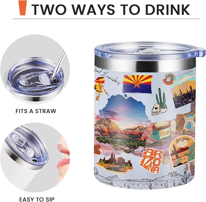 12oz Coffee Mug Arizona State Insulated Coffee Cups, United States Map Travel Mug Landmark, Birthday Gifts Cute Mugs with Lid and Straw Mothers Day Gifts