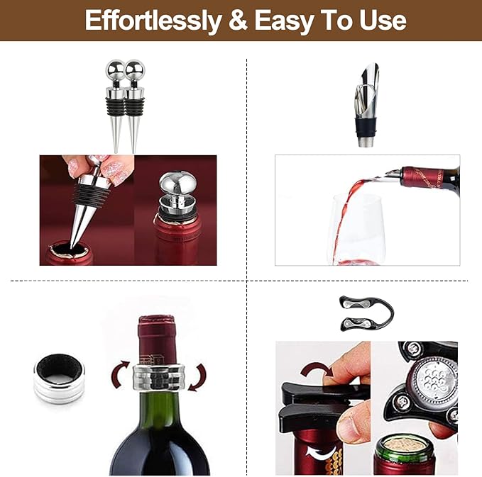 Wine Bottle Opener Gift Set - 8 PCS Corkscrew Opener with Wood Case, Stainless Steel Opener Kit for Birthdays & Weddings