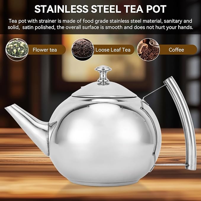 Stainless Steel Tea Pot with Infuser, Tea Pot with Removable Infuser For Loose Leaf and Tea Bags Metal Tea Kettle with Filter Stovetop Tea Maker Brewing Loose Leaves and Tea Bags (1.5L)