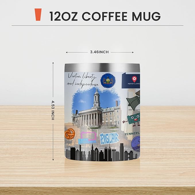 12oz Coffee Mug Pennsylvania State Insulated Coffee Cups, United States Map Travel Mug Landmark, Birthday Gifts Cute Mugs with Lid and Straw Gifts for Mom