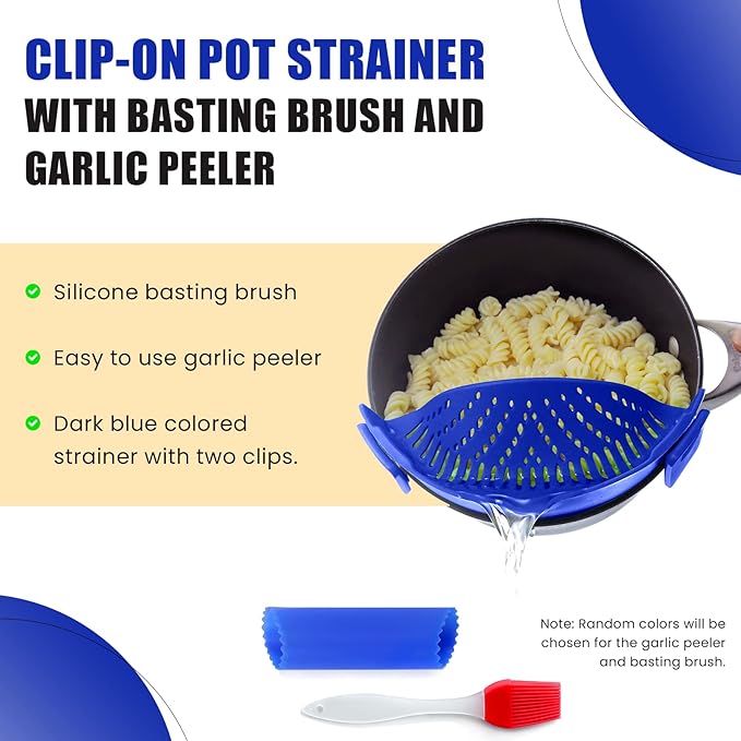 Clip-On Kitchen Food Strainer for Spaghetti, Pasta, Ground Beef Grease, Colander & Sieve Snaps on Bowls, Pots and Pans, Set includes Silicone Strainer, Brush & Garlic Peeler by Salbree (Dark Blue)
