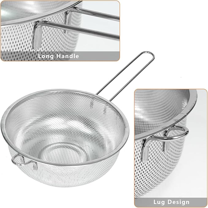 Metal Fine Mesh Strainer and Colander for Kitchen with Handle, Stainless Steel Pasta Strainer/Kitchen Funnel/Collander/Sifter for Strain/Wash Vegetables, Fruits, Spaghetti, Rice (10.2＂)