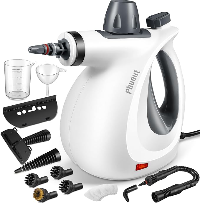 Pressurized Handheld Multi-Surface Natural Steam Cleaner with 12 pcs Accessories, Multi-Purpose Steamer for Home Use, Steamer for Cleaning Floor, Upholstery, Grout and Car (Grey)