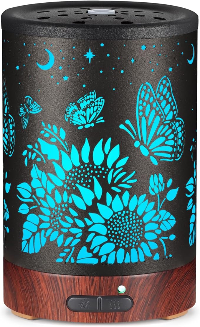 Essential Oil Diffuser- Aromatherapy Diffuser with7 Colors Light and Auto-Off for Women Metal Cool Mist Humidifier for Home and Office for Mom Women（Sunflower + Butterfly）