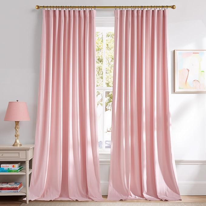NICETOWN Baby Pink Velvet Room Darkening Curtains 96 inch Long, Noise Reduction 3-1 Hanging Options Design Soft Luxury Window Drapes for Living Room, W52 x L96, 2 Panels