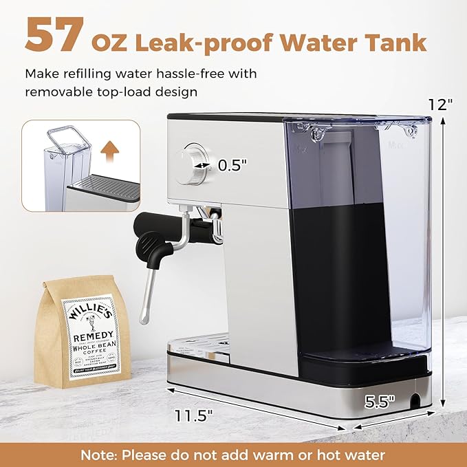 COSTWAY Espresso Machine 20 Bar, Compact Stainless Steel Coffee Maker with Milk Frother, 57OZ Removable Water Tank and Hot Water Function for Late, Cappuccino and Cold Brew
