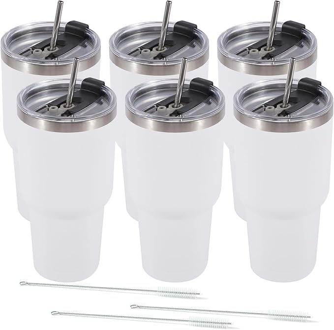 Dongni 30 oz Tumbler with Lid and Straw, Stainless Steel Tumblers Bulk, Insulated Vacuum Double Wall Travel Coffee Mug, Durable Powder Coated Tumbler Cups（White 6 pack）