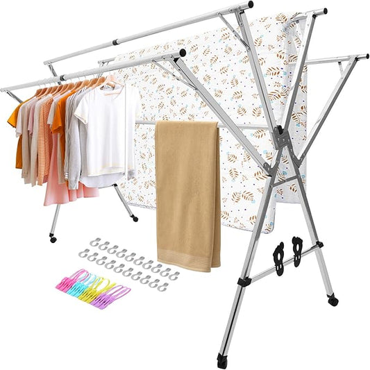 Adjustable 5-Bar Clothes Drying Rack, Foldable Stainless Steel Laundry Stand with Lockable Wheels, Extendable from 59 to 94.5 Inches,for Clothes, Shoes, and Bedding