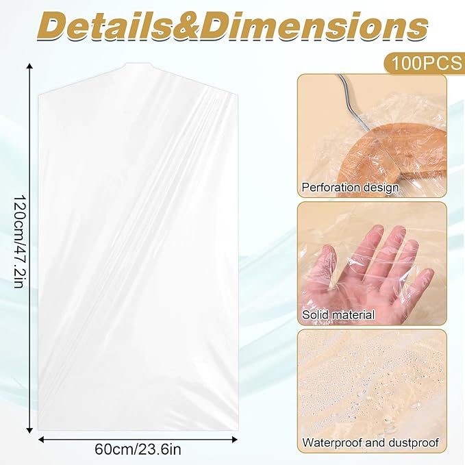 100 Pack Dry Cleaning Bags,60 * 120cm Clear Plastic Garment Bags Drys Cleaning Plastic Bag Dust Proof Clear Clothes Covers Dry Cleaner Bag Hanging Dust Proof for Hanging Clothes at Home/Dry Cleaners