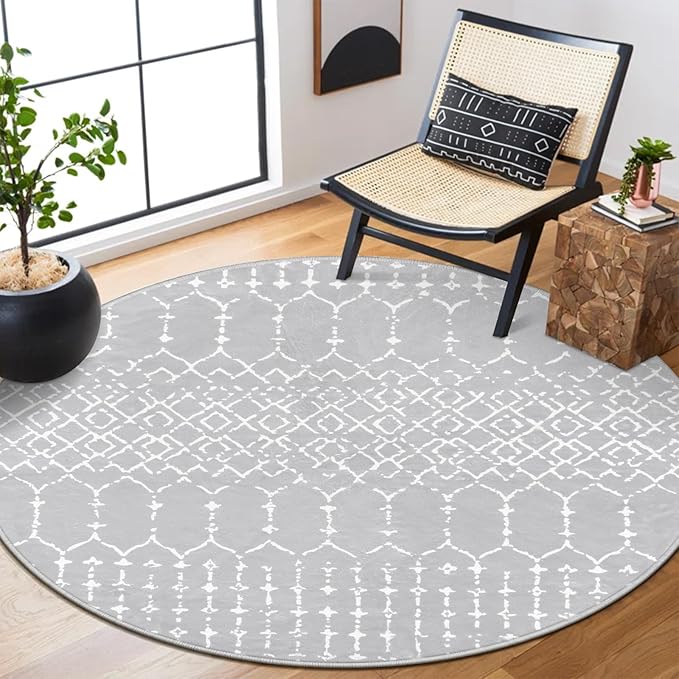 Lahome Moroccan Washable Round Rug - 4Ft Round Area Rugs for Bedroom Non-Slip Grey Stain Resistant Round Kitchen Rug, Modern Geometric Print Indoor Floor Circle Carpet for Entryway Living Room Sofa