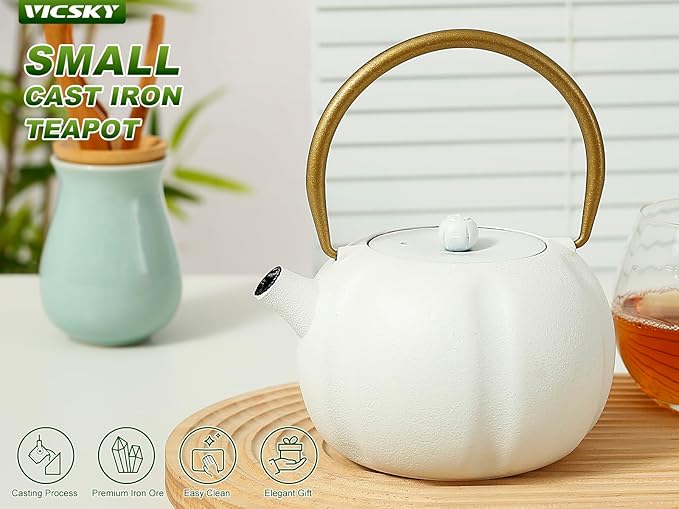 VICSKY Small Pumpkin Cast Iron Teapot (White), Japanese Cast Iron Tea Kettle Stovetop Safe with Stainless Steel Infuser,Small Iron Teapot for Loose Tea, 1-2 People (27oz/800ml)