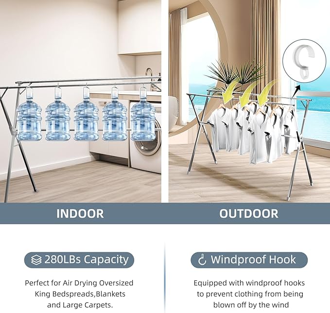 Clothes Drying Rack,Heavy Duty Stainless Steel Garment Rack,Adjustable and Foldable Laundry Drying Rack for Indoor Outdoor Drying Rack Clothing with 20 Windproof Hooks (Silver, 79")