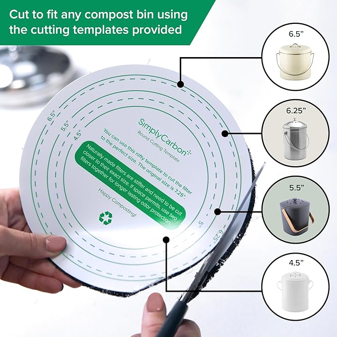 Biodegradable Natural Filter - 2 Years Supply for Kitchen Compost Bins - Longer Lasting Activated Charcoal - Universal Size Fits All Compost Bins up to 7.25" Filter Size - Replacement Set of 12