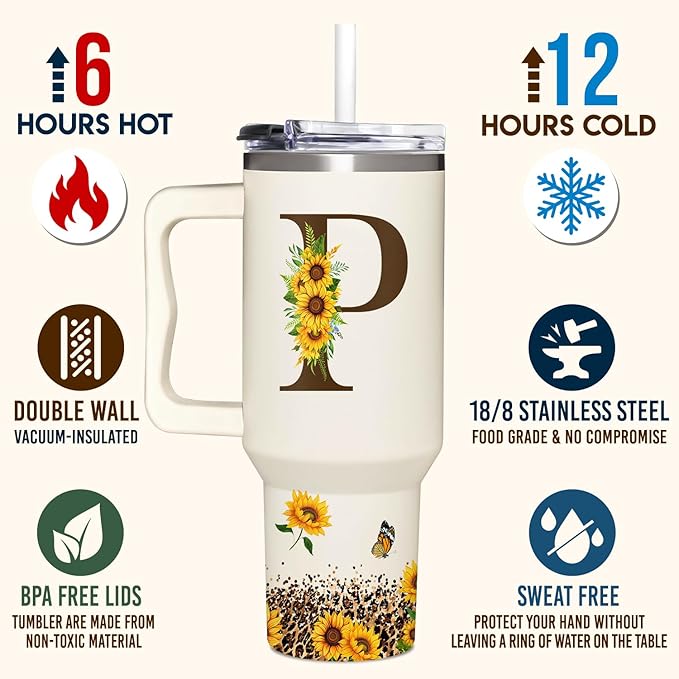 Personalized Birthday Gifts For Women - Sunflowers Monogrammed Cup For Boss Day, Christmas - Customized Gifts For Women, Mom, Wife, Coworkers, Boss Lady, Her - Custom Tumbler With Handle 40oz