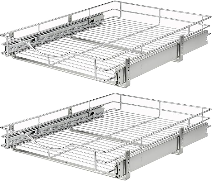 DINDON Pull Out Cabinet Organizer, (14" W x 18" D) Heavy-Duty Metal Sliding Drawer Shelf, Bathroom Under Sink Kitchen Cabinets Organizer and Storage Slide Out Shelves, Chrome, 1 Tier, 2 Pack