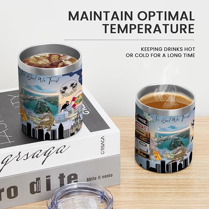 12oz Coffee Mug Florida State Insulated Coffee Cups, United States Map Travel Mug Landmark, Birthday Gifts Cute Mugs with Lid and Straw Mothers Day Gifts