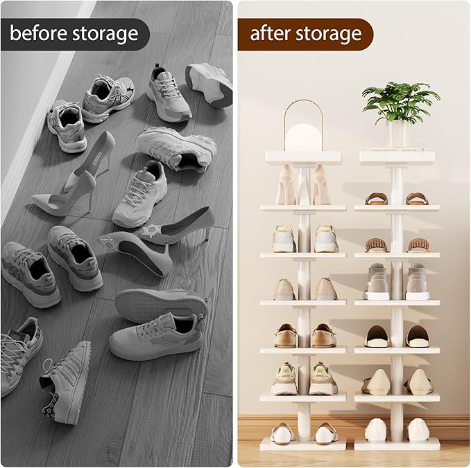 Narrow Shoe Rack for Entryway - Wood Narrow Shoe Rack with Compact Design for Small Space, 6-Tier Shoe Organizer for Entryway Hallway Bedroom Closet