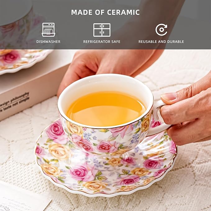 Tea Cup and Saucers, 6.4oz floral ceramic tea cups, Coffee Cappuccino Espresso Latte Mugs for Party Birthday,Christmas Gift (Pink and yellow roses)