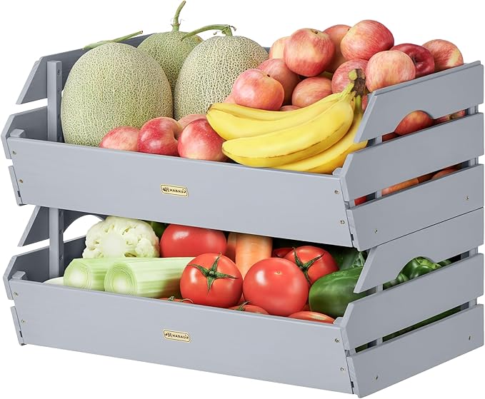HABAU Wood Potato Onion Storage Bins - Wooden Stackable Produce Basket - Fruit Vegetable Storage for Kitchen Pantry Organization, Set 2 Pieces