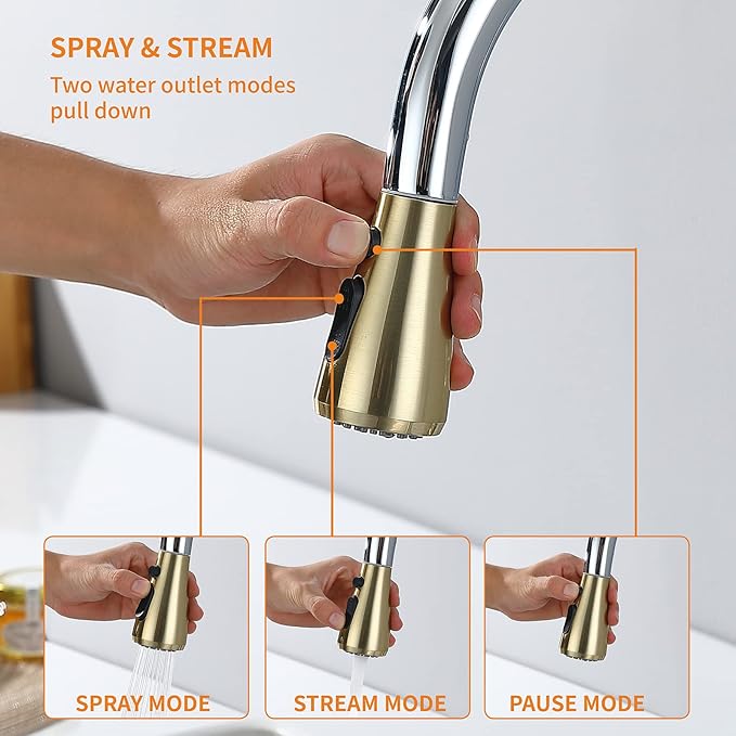 Keer Gold & Polished Chrome Single Handle Pull Down Kitchen Faucet with Soap Dispenser, 3 Modes Sprayer, Easy Assembly, Single Handle High Arc Stainless Steel Faucet