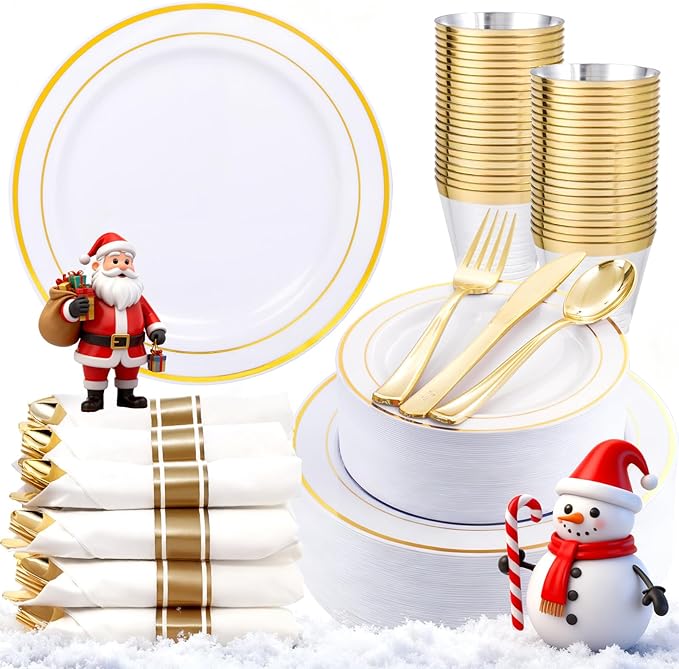 350Piece Gold Dinnerware Set for 50 Guests - Gold Plastic Plates with Disposable Cutlery Include:50Dinner Plates-50Dessert Plates-50Pre Rolled Napkins with Silverware for Christmas
