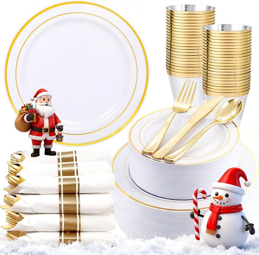 350Piece Gold Dinnerware Set for 50 Guests - Gold Plastic Plates with Disposable Cutlery Include:50Dinner Plates-50Dessert Plates-50Pre Rolled Napkins with Silverware for Christmas