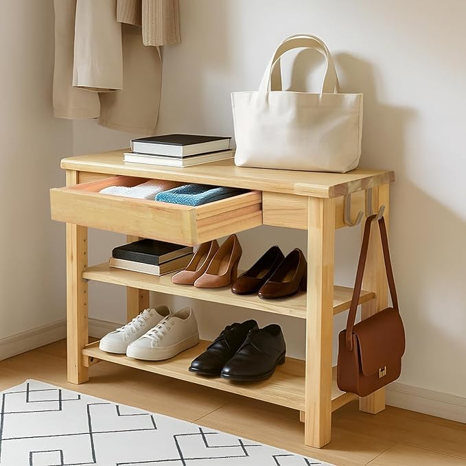 Shoe Storage Bench Wood Entryway: Shoe Rack Bench with Drawer 3-Tiers Height Adjustable,Rustic Wooden Organizer for Front Door Entrance Hallway Living Room,Mudrooms (Natural 2-Tiers, 31.5")