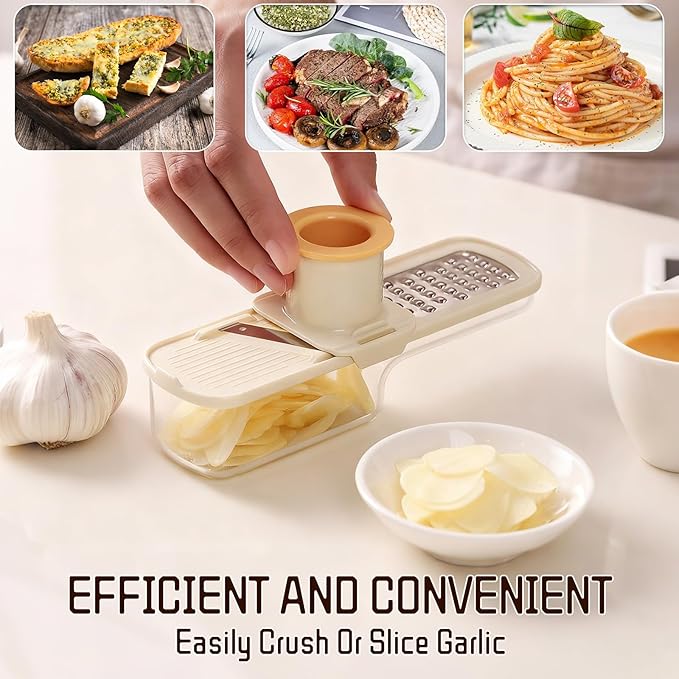 Mini Garlic Slicer,Functional Mandoline Slicers,Veggie Shredder,3 in 1 Ginger Garlic Grater with Hand Guard, Grinder Vegetable Mandoline Cutter with Container (Green)