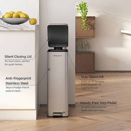 8 gallon/30L Slim Stainless Steel Garbage Can with Soft Close lid for Small Spaces，Pedal Fingerprint Proof Trash Bin with Removable Inner Bucket for Kitchen