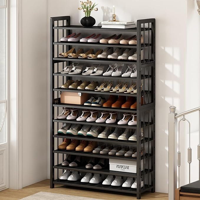 Large Capacity Shoe Storage Organizer: 11-Tier Tall Shoe Rack Holds 55-60 Pairs of Shoe, Bamboo Standing Shoe Shelf with Adjustable for Closet Entryway Black