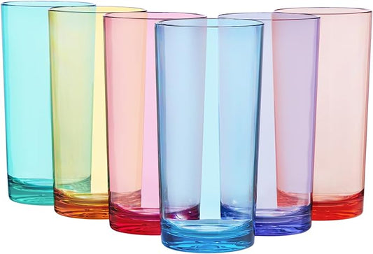US Acrylic Classic Plastic Reusable Drinking Glasses (Set of 6) 24oz Iced Tea Cups Assorted Colors | BPA-Free Tumblers, Made in USA | Top-Rack Dishwasher Safe